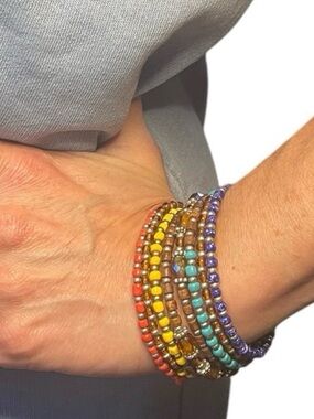 Multicolor Memory Wire Bracelet Layered Beaded Statement Cuff